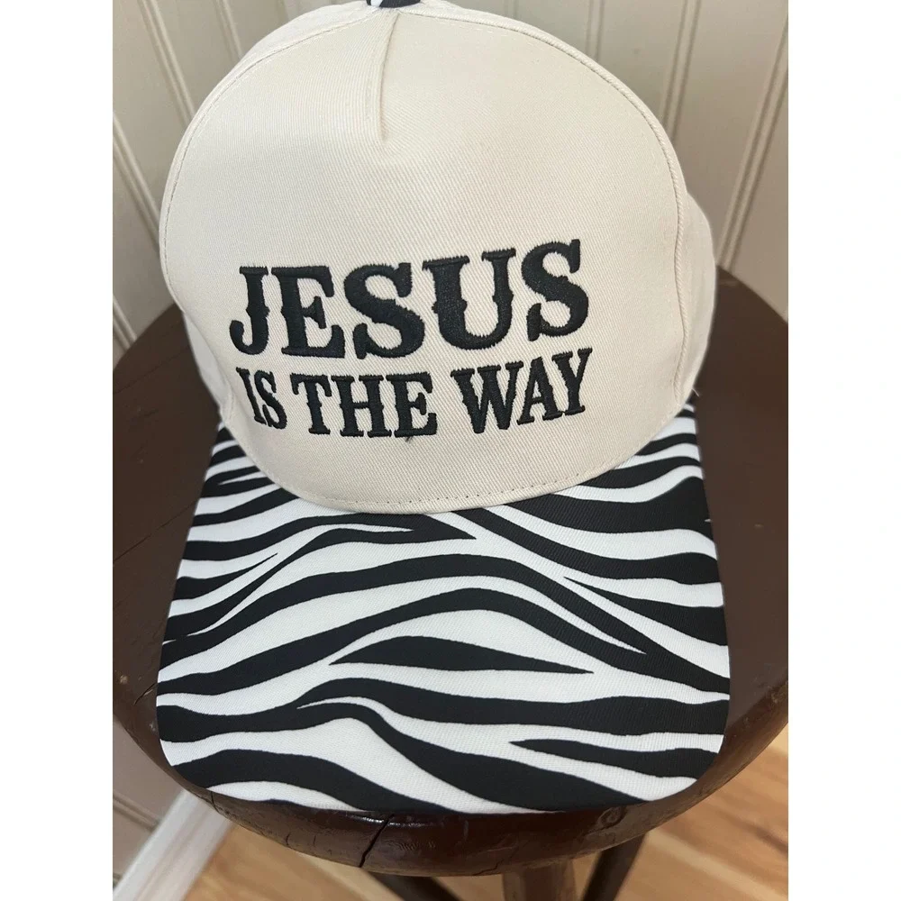 Jesus Is The Way Snapback Hat Zebra Print Brim Cream Christian Trucker Cap NEW
